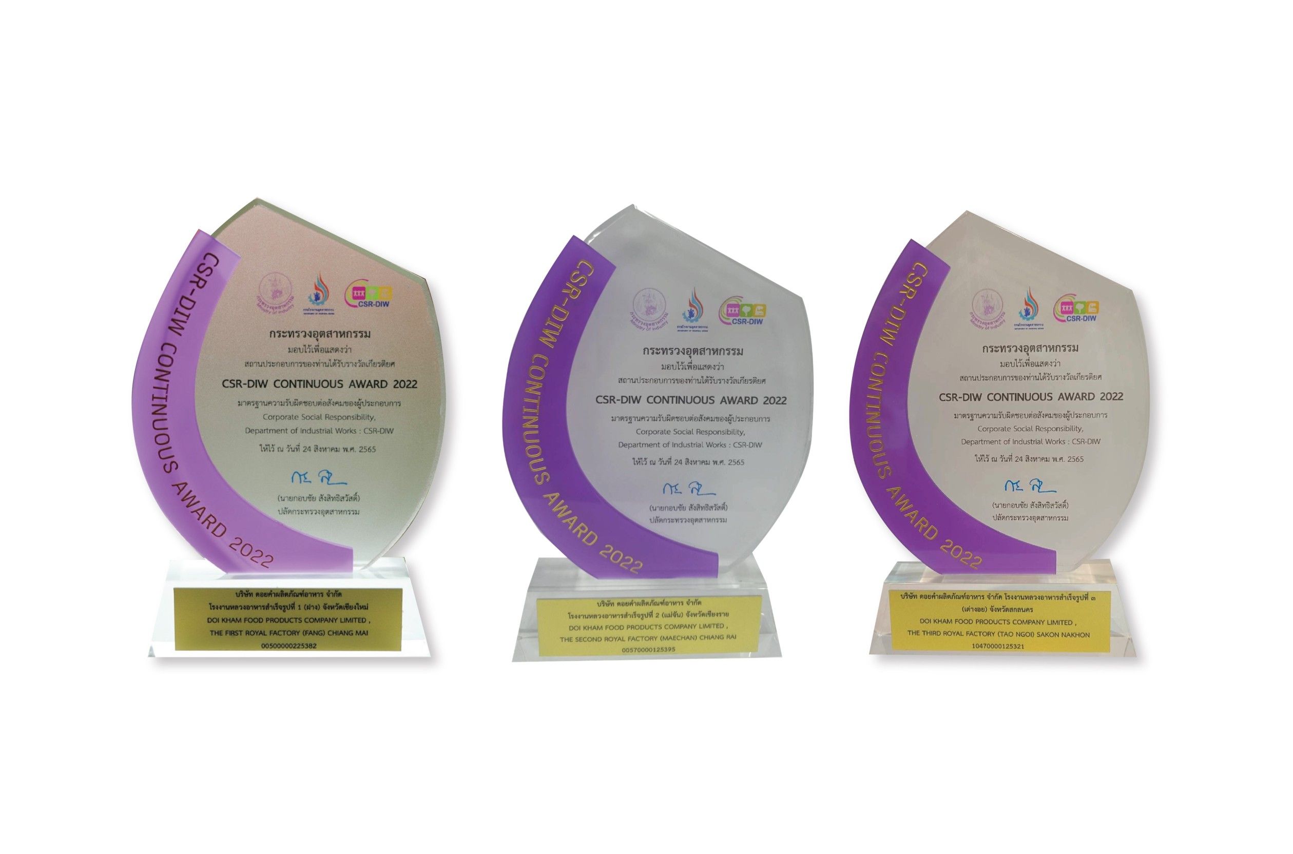 โรงงานหลวงฯ ทั้ง 3 แห่ง คว้ารางวัล “CSR-DIW CONTINUOUS AWARD 2022” อุตสาหกรรมที่มีความรับผิดชอบต่อสังคมและชุมชนอย่างยั่งยืน